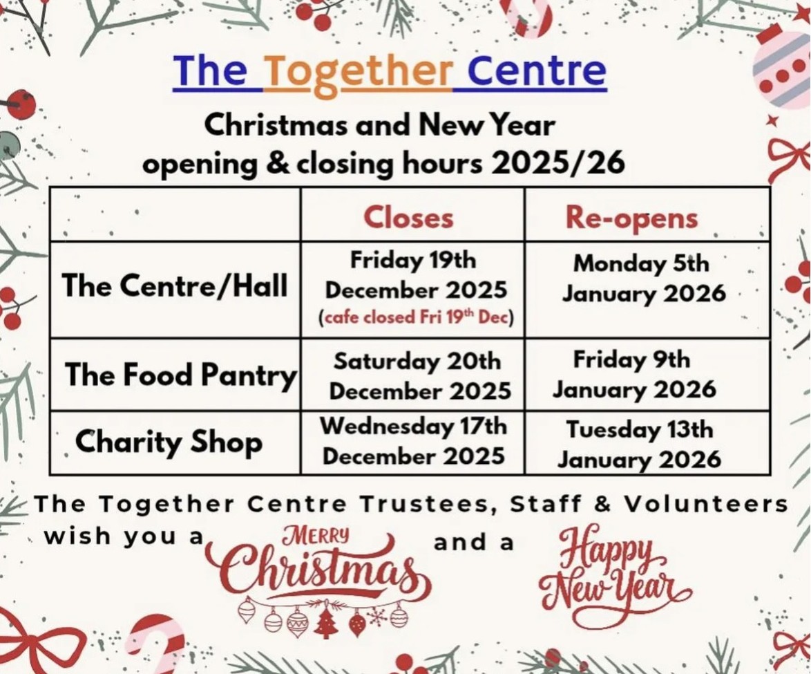 A photo of The Together Centre opening hours over Christmas 2025 A photo of The Together Centre opening hours over Christmas 2025